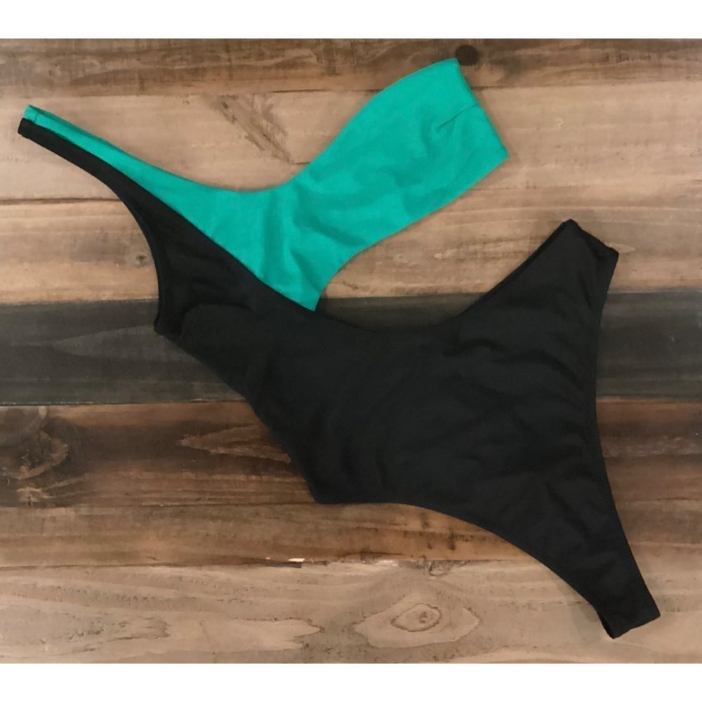 𝅺Kendall And Kylie Black And Green Bandeau One Piece Swimsuit Size XL - Picture 5 of 9